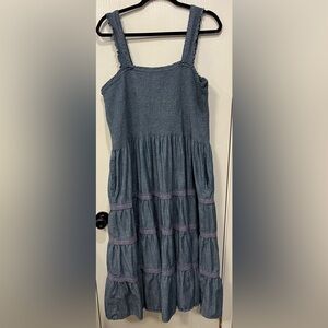 Lands' End Cotton Poplin Tiered Dress Blue Chambray Sleeveless Casual 2X 20-22
